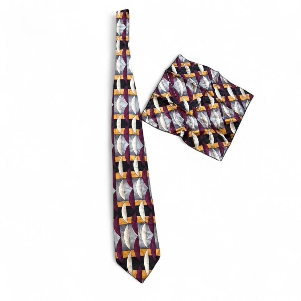 Vintage 90s‎ Palani 100% Silk Abstract Geometric Tie & Pocket Square